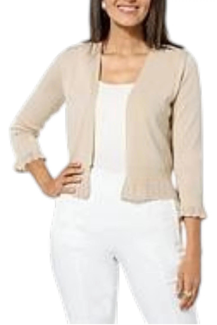 Nina Leonard Women's 3/4-Sleeve Bolero w Ruffled Pointelle Hem Tan - Regular